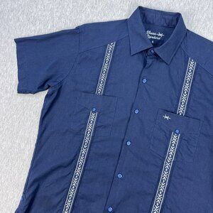 Texas Standard Tejas Guayabera Shirt Mens S Navy Blue Armada Plata Linen Cotton